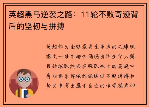 英超黑马逆袭之路：11轮不败奇迹背后的坚韧与拼搏